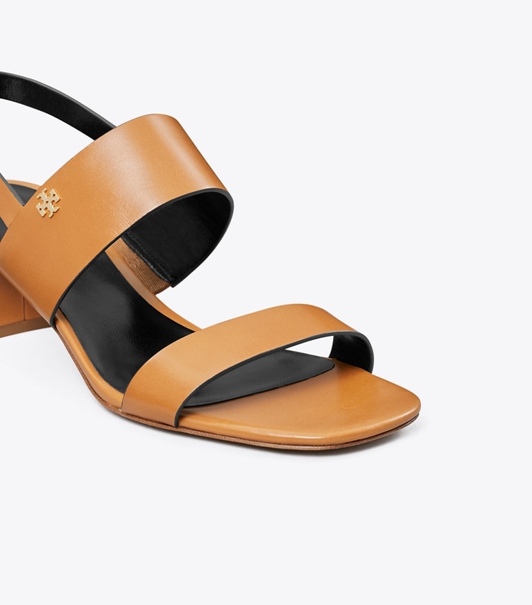 Tory Burch designer sandals Double T Heeled Sandal in CARAMEL CORN / PERFECT BLACK angle
