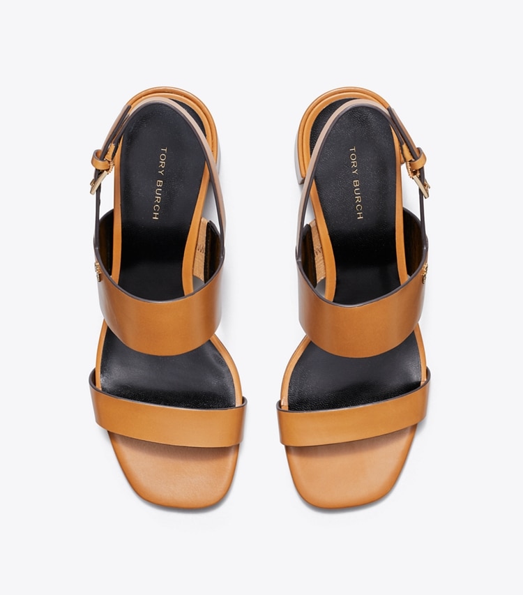 Tory Burch designer sandals Double T Heeled Sandal in CARAMEL CORN / PERFECT BLACK overhead