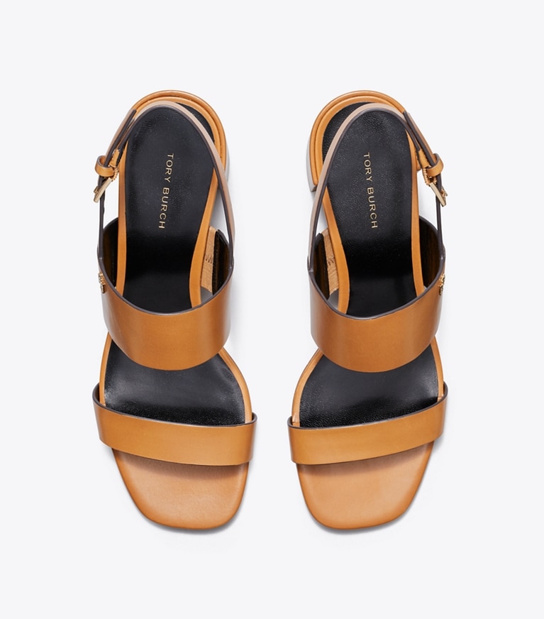 Tory Burch designer sandals Double T Heeled Sandal in CARAMEL CORN / PERFECT BLACK angle