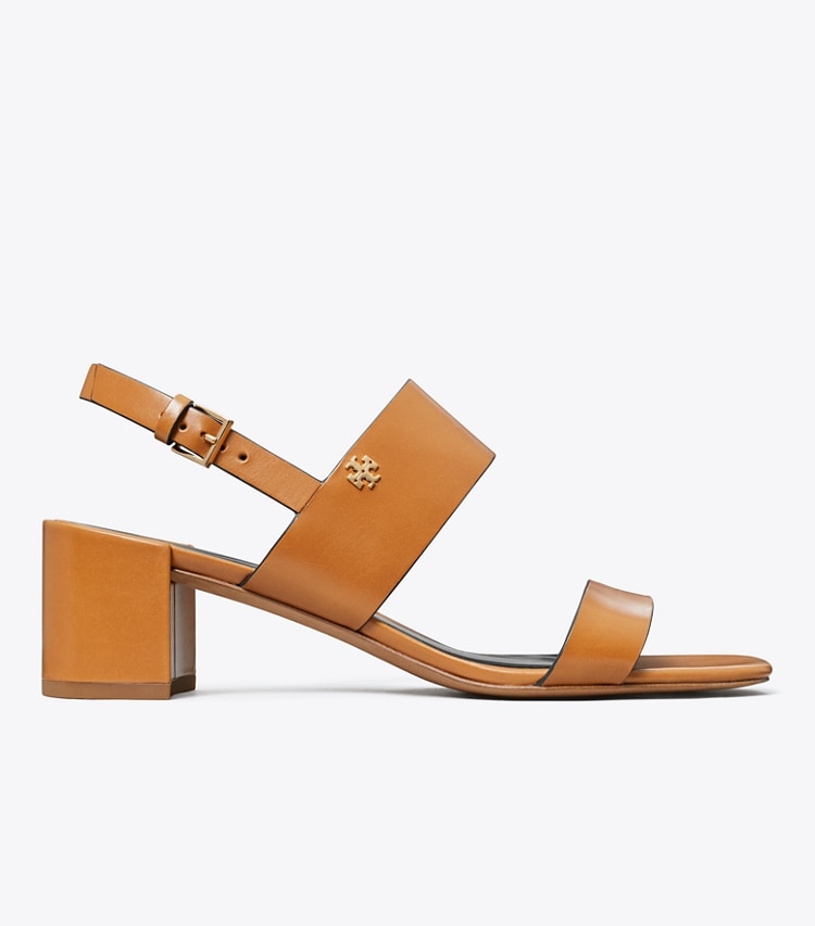 Tory Burch designer sandals Double T Heeled Sandal in CARAMEL CORN / PERFECT BLACK side