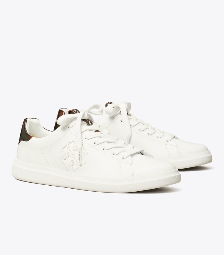 Tory Burch designer sneakers Double T Howell Court Sneaker in TITANIUM WHITE / CRETA angle