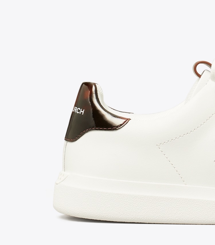 Tory Burch designer sneakers Double T Howell Court Sneaker in TITANIUM WHITE / CRETA detail