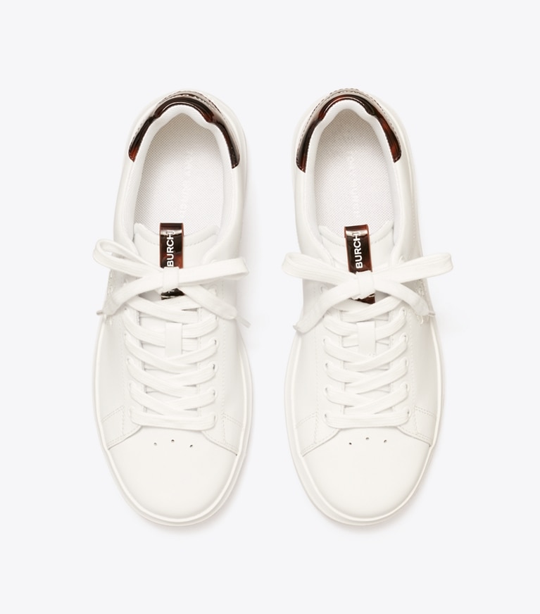 Tory Burch designer sneakers Double T Howell Court Sneaker in TITANIUM WHITE / CRETA angle