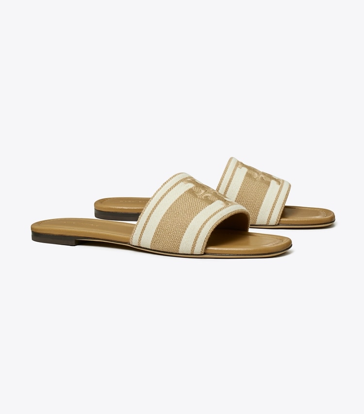 Tory Burch designer sandals Double T Jacquard Slide in CAMMELLO / Ash White angle