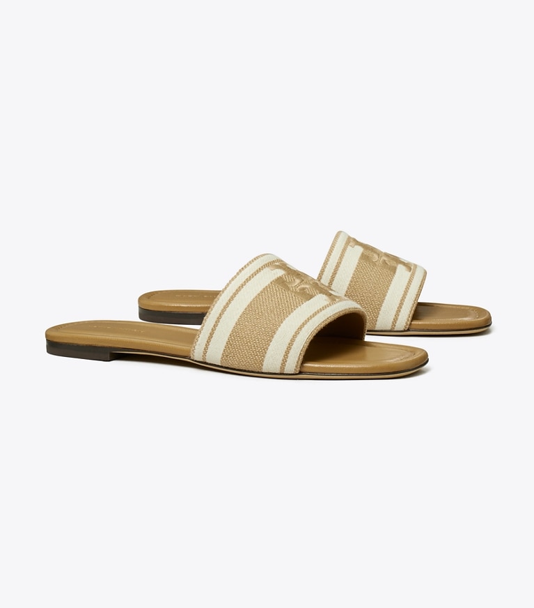 Tory Burch designer sandals Double T Jacquard Slide in CAMMELLO / Ash White angle