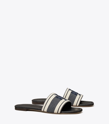 Tory Burch designer sandals Double T Jacquard Slide in Blue Chiaro / Ash White angle