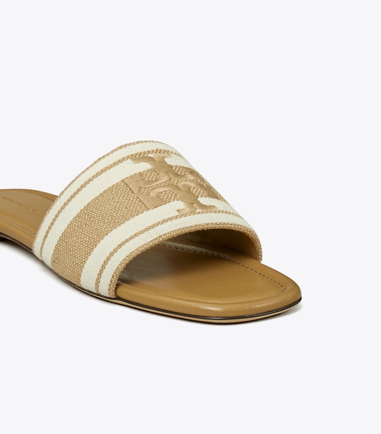 Tory Burch designer sandals Double T Jacquard Slide in CAMMELLO / Ash White angle