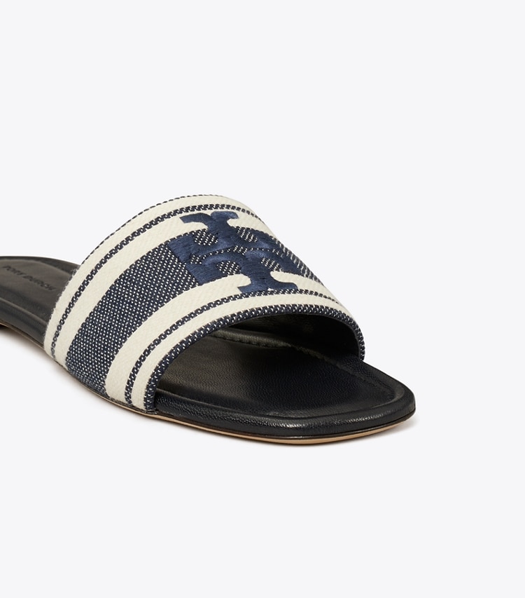 Tory Burch designer sandals Double T Jacquard Slide in Blue Chiaro / Ash White detail
