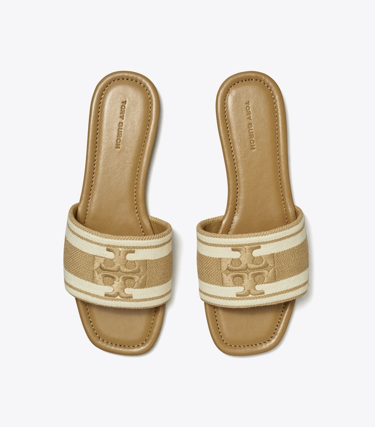 Tory Burch designer sandals Double T Jacquard Slide in CAMMELLO / Ash White angle
