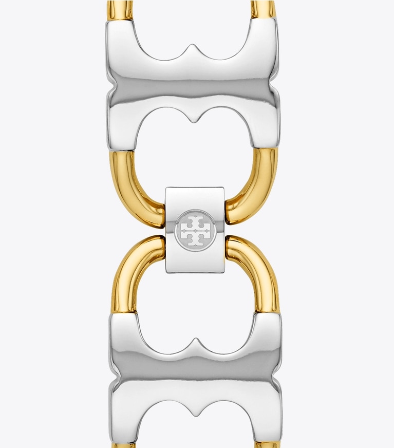 Tory Burch designer watches tory track smart watches Double T Link Band for Apple Watch®, Gold-Tone/Silver, 38 MM – 40 MM in Gold/Silver front