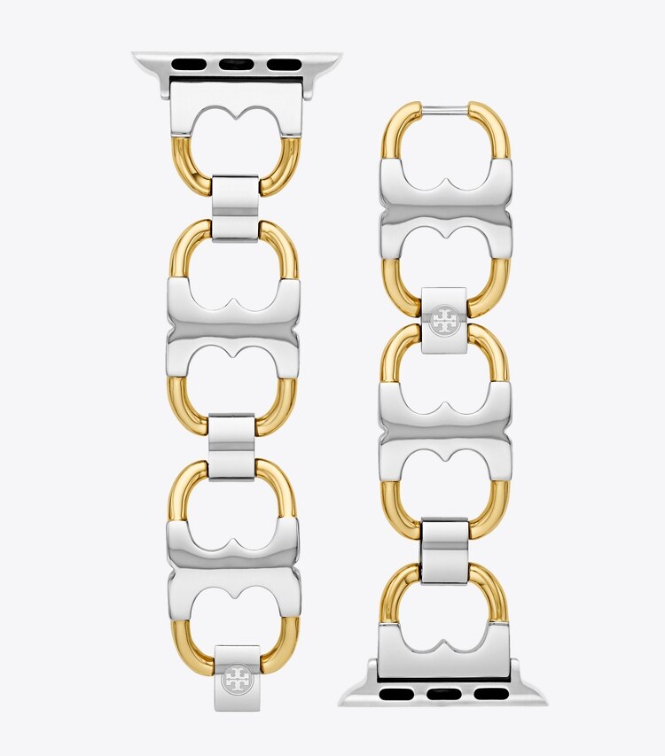 Tory Burch designer watches tory track smart watches Double T Link Band for Apple Watch®, Gold-Tone/Silver, 38 MM – 40 MM in Gold/Silver detail