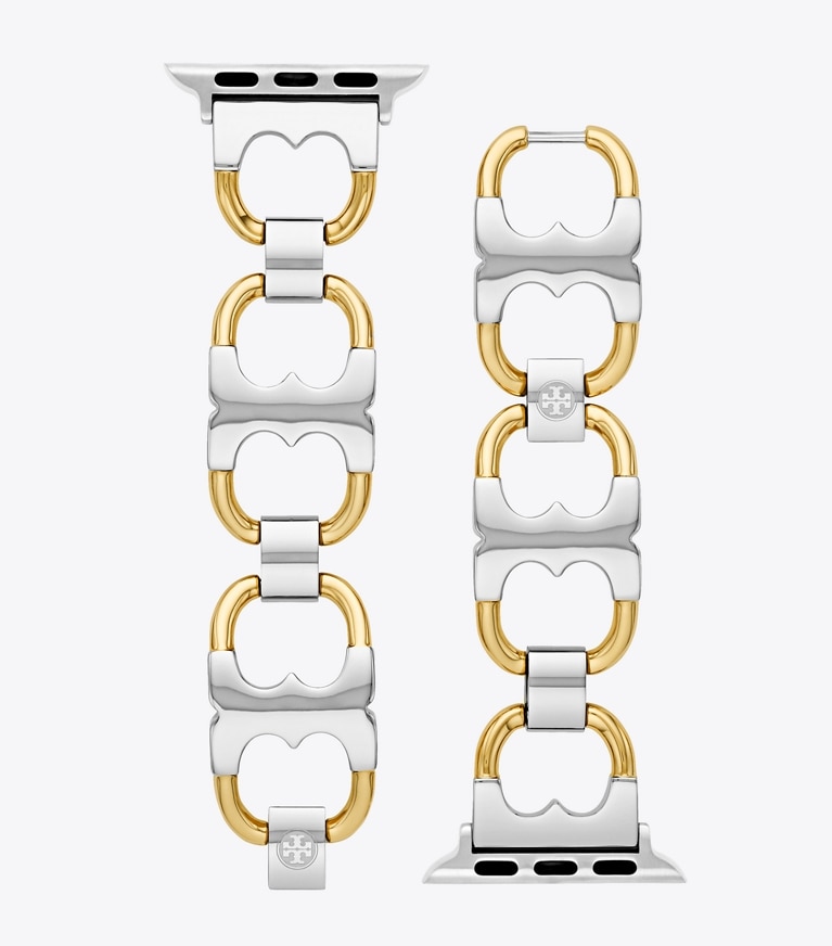 Tory Burch designer watches tory track smart watches Double T Link Band for Apple Watch®, Gold-Tone/Silver, 38 MM – 40 MM in Gold/Silver front