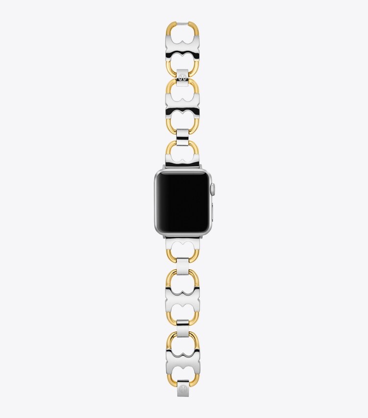 Tory Burch designer watches tory track smart watches Double T Link Band for Apple Watch®, Gold-Tone/Silver, 38 MM – 40 MM in Gold/Silver front