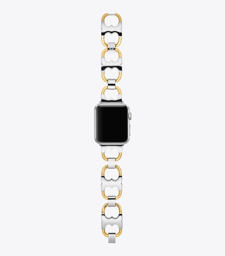 Tory Burch designer watches tory track smart watches Double T Link Band for Apple Watch®, Gold-Tone/Silver, 38 MM – 40 MM in Gold/Silver front