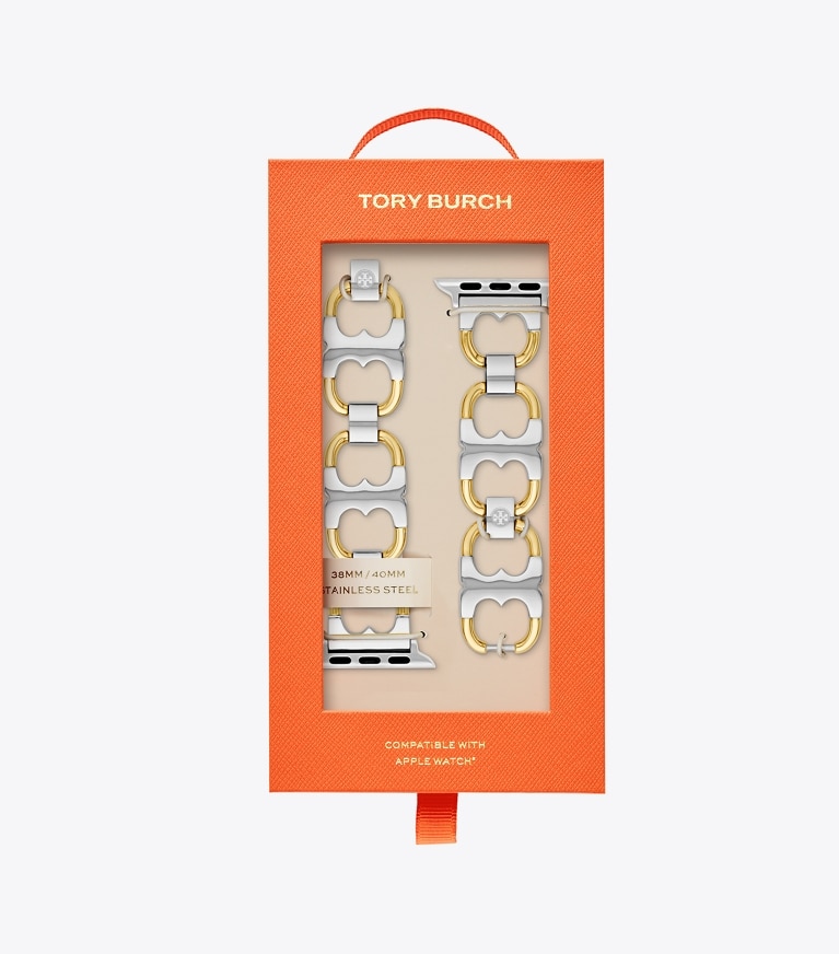 Tory Burch designer watches tory track smart watches Double T Link Band for Apple Watch®, Gold-Tone/Silver, 38 MM – 40 MM in Gold/Silver front