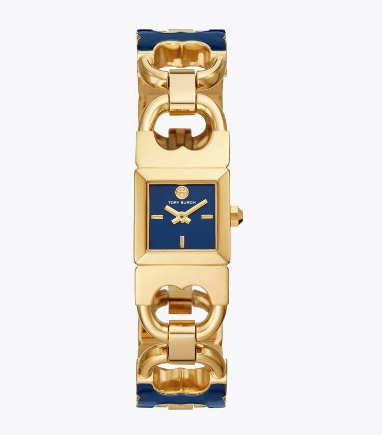 Tory Burch designer strap watches Double T Link Watch, Gold-Tone Stainless Steel/Navy in GOLD/NAVY front