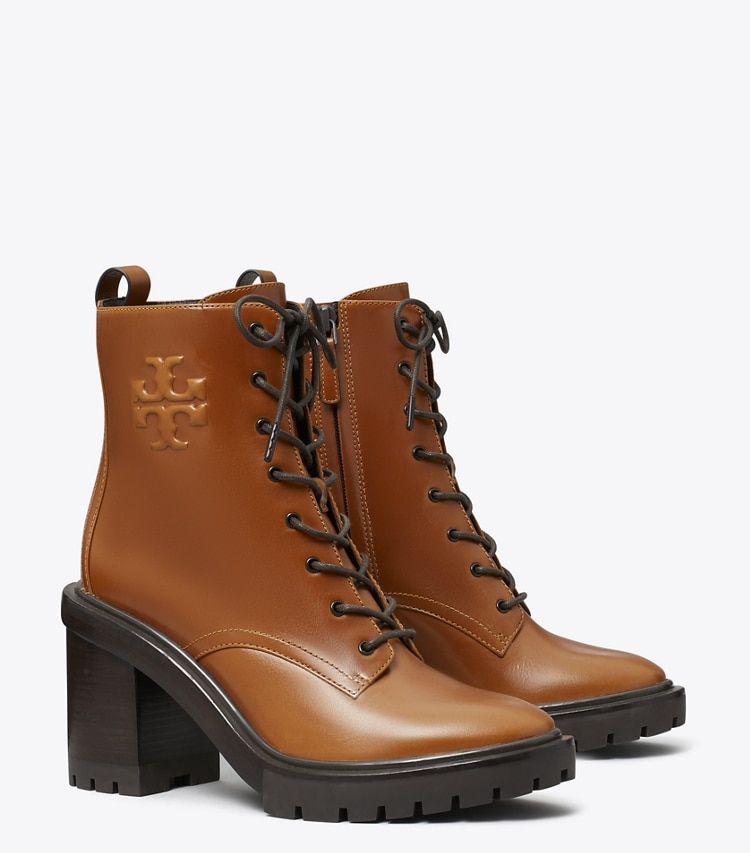 Tory Burch designer ankle boots Double T Lug Ankle Boot in SIERRA TAN angle