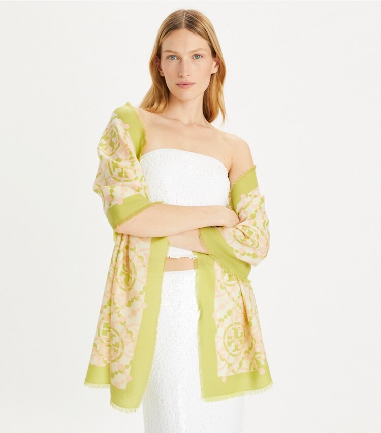 Tory Burch designer scarves Double T Monogram Oblong Scarf in Double Border Logo Oblong - Chartreuse accessory on model