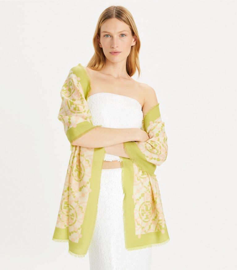 Tory Burch designer scarves Double T Monogram Oblong Scarf in Double Border Logo Oblong - Chartreuse overhead