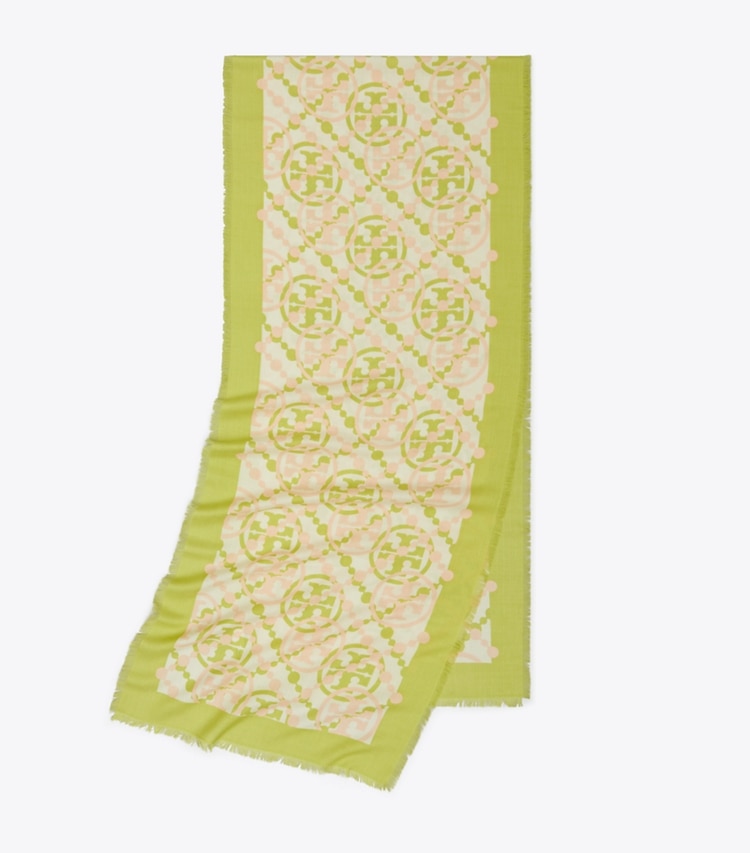 Tory Burch designer scarves Double T Monogram Oblong Scarf in Double Border Logo Oblong - Chartreuse folded