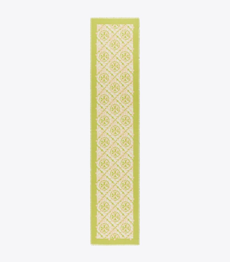 Tory Burch designer scarves Double T Monogram Oblong Scarf in Double Border Logo Oblong - Chartreuse overhead