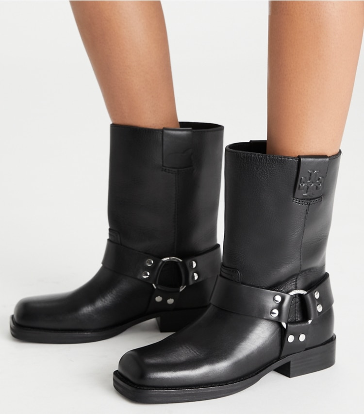 Tory Burch designer ankle boots Double T Moto Boot in PERFECT BLACK accessory on model