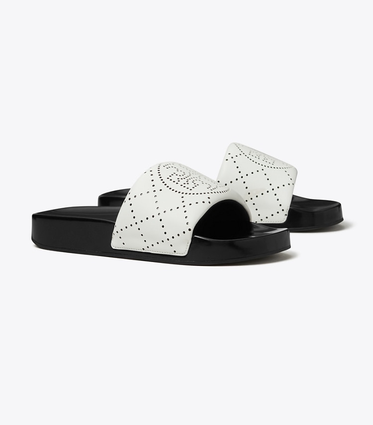 Tory Burch designer sandals Double T Pool Slide in BIANCO / NERO angle