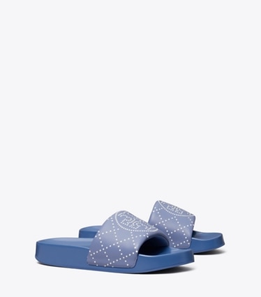 Tory Burch designer sandals Double T Pool Slide in SAPHIRE BLUE / JEANS BLUE angle