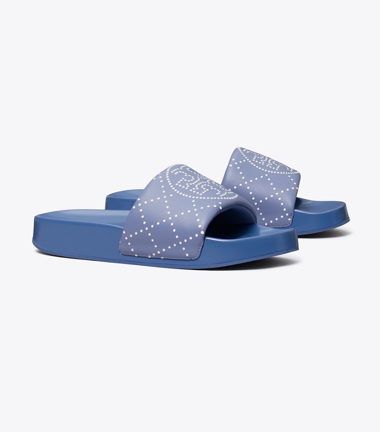 Tory Burch designer sandals Double T Pool Slide in SAPHIRE BLUE / JEANS BLUE angle