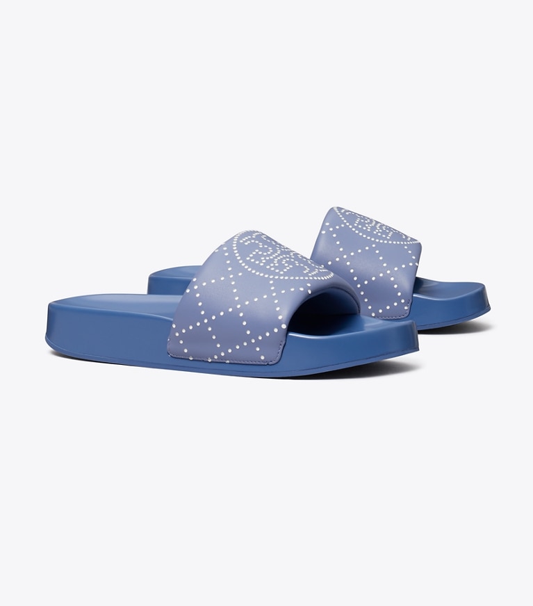Tory Burch designer sandals Double T Pool Slide in SAPHIRE BLUE / JEANS BLUE angle
