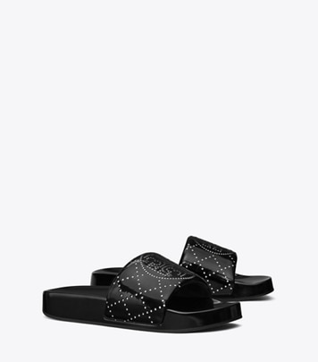 Tory Burch designer sandals Double T Pool Slide in NERO / NERO angle