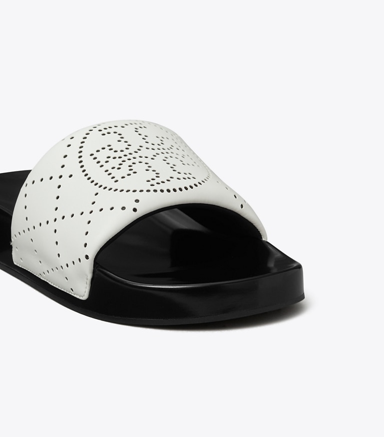 Tory Burch designer sandals Double T Pool Slide in BIANCO / NERO angle