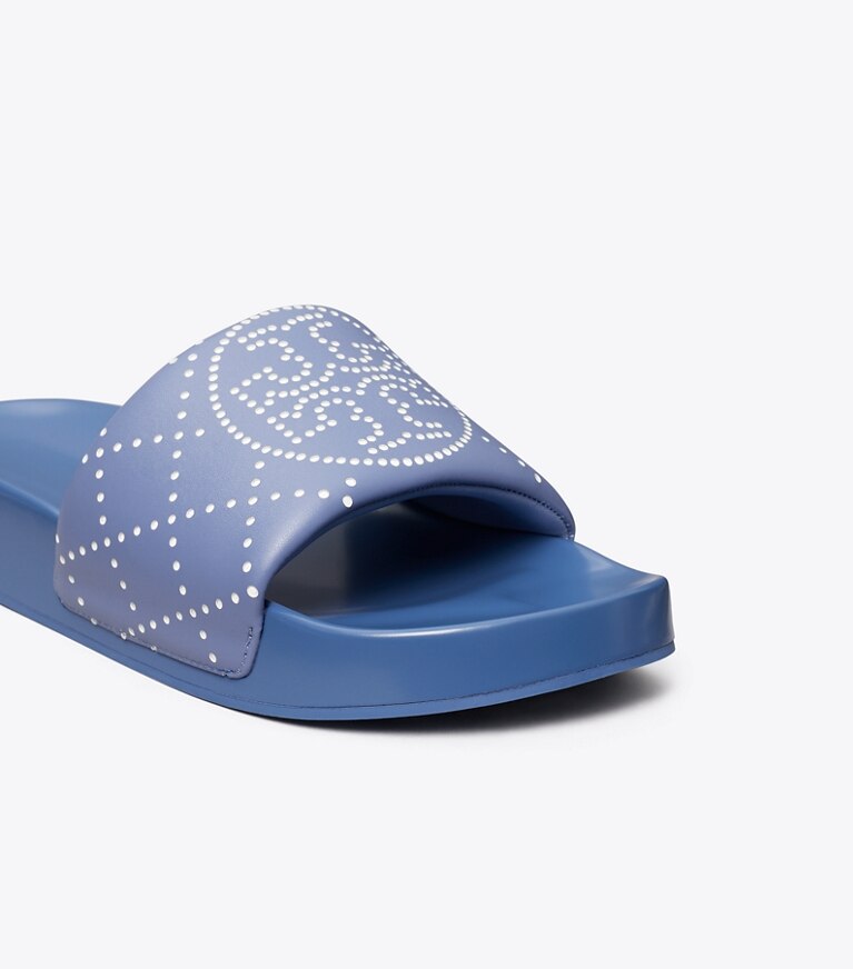 Tory Burch designer sandals Double T Pool Slide in SAPHIRE BLUE / JEANS BLUE angle