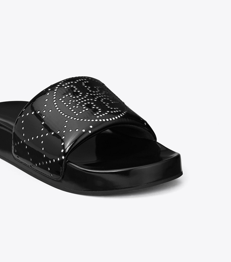 Tory Burch designer sandals Double T Pool Slide in NERO / NERO angle