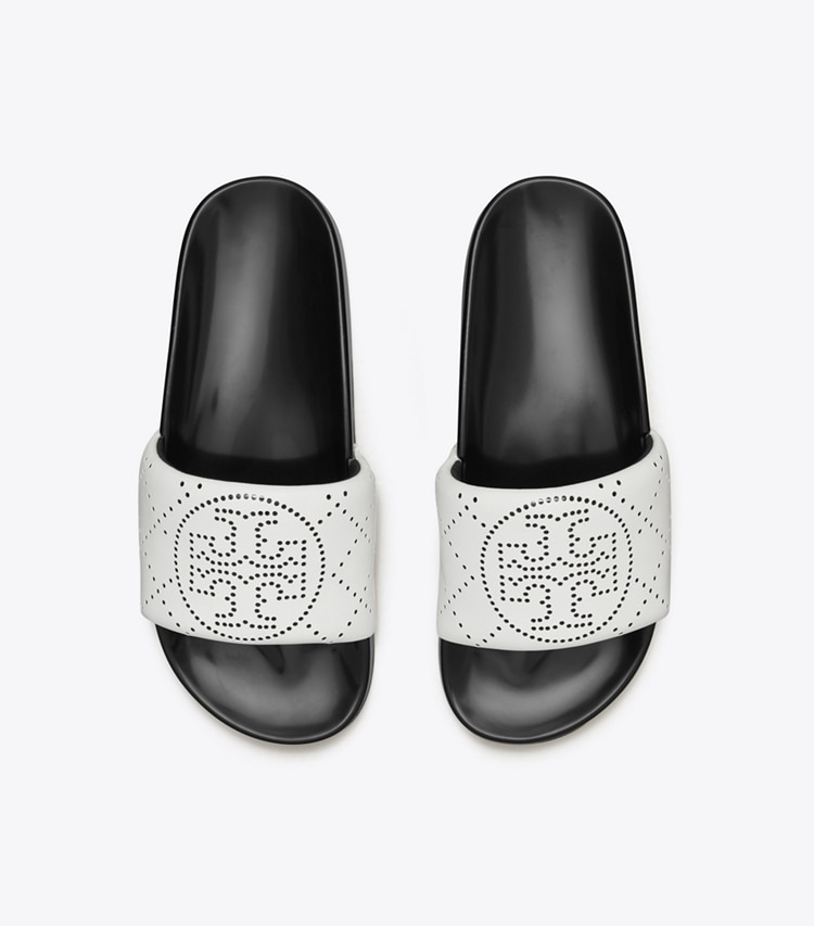 Tory Burch designer sandals Double T Pool Slide in BIANCO / NERO overhead