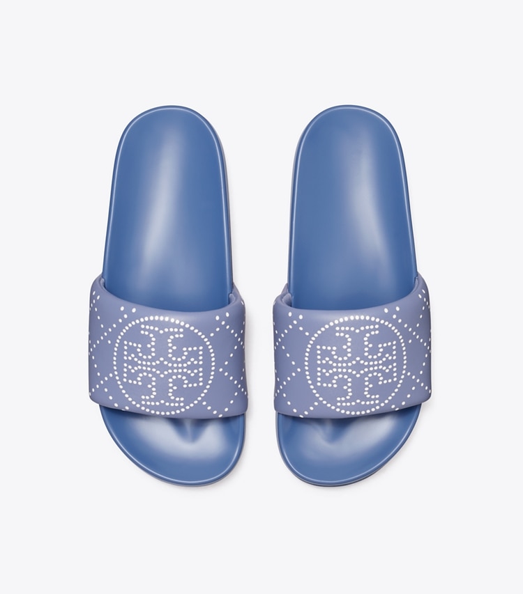 Tory Burch designer sandals Double T Pool Slide in SAPHIRE BLUE / JEANS BLUE overhead