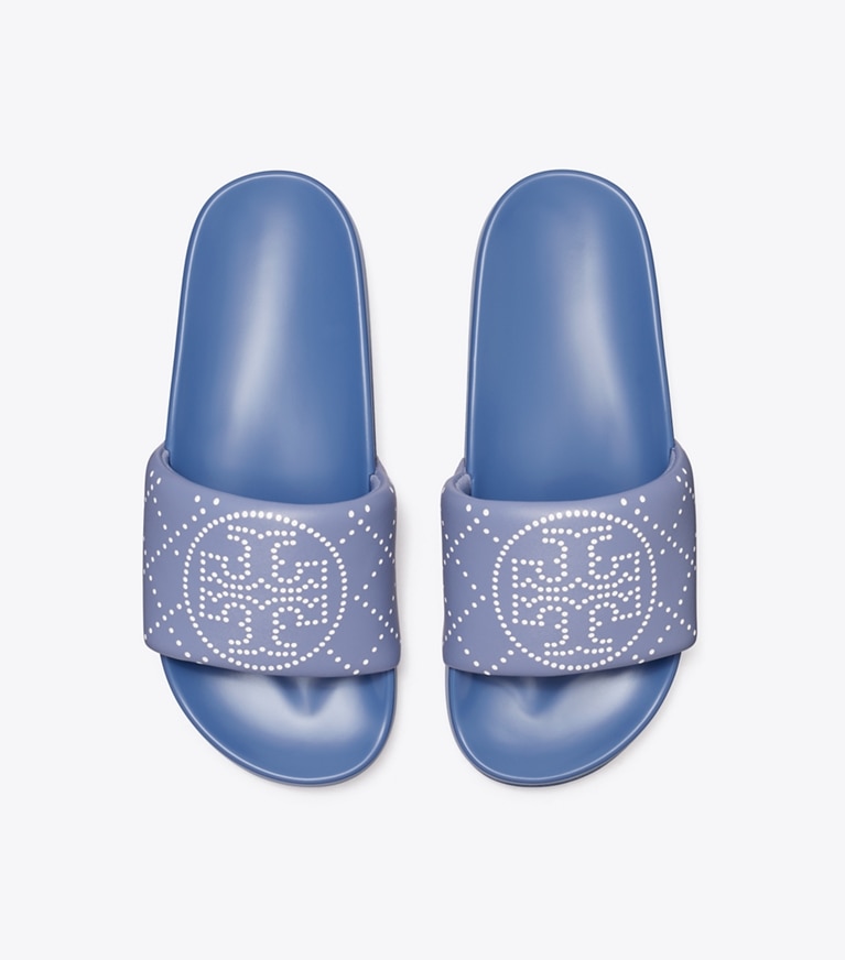 Tory Burch designer sandals Double T Pool Slide in SAPHIRE BLUE / JEANS BLUE angle