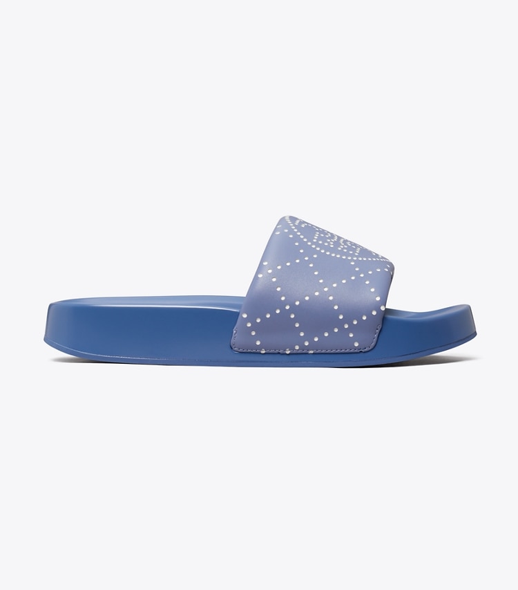 Tory Burch designer sandals Double T Pool Slide in SAPHIRE BLUE / JEANS BLUE side