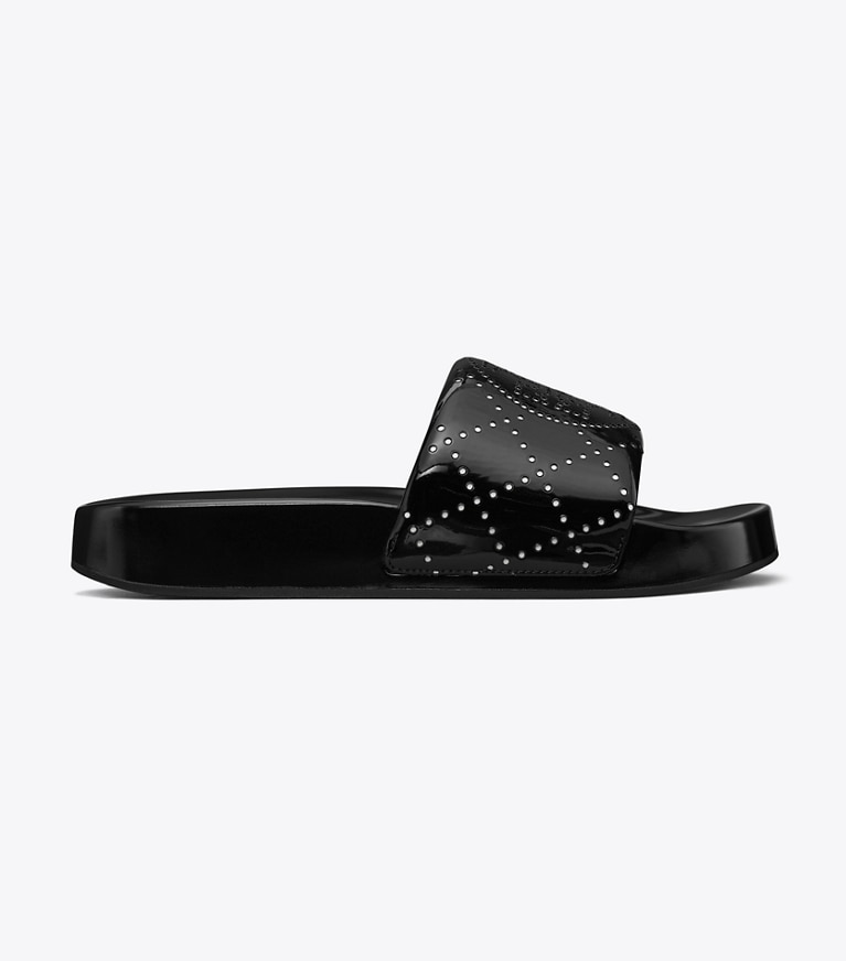 Tory Burch designer sandals Double T Pool Slide in NERO / NERO angle