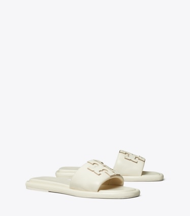 Tory Burch designer sandals Double T Sport Slide, Wide in LIGHT CREAM / GOLD angle