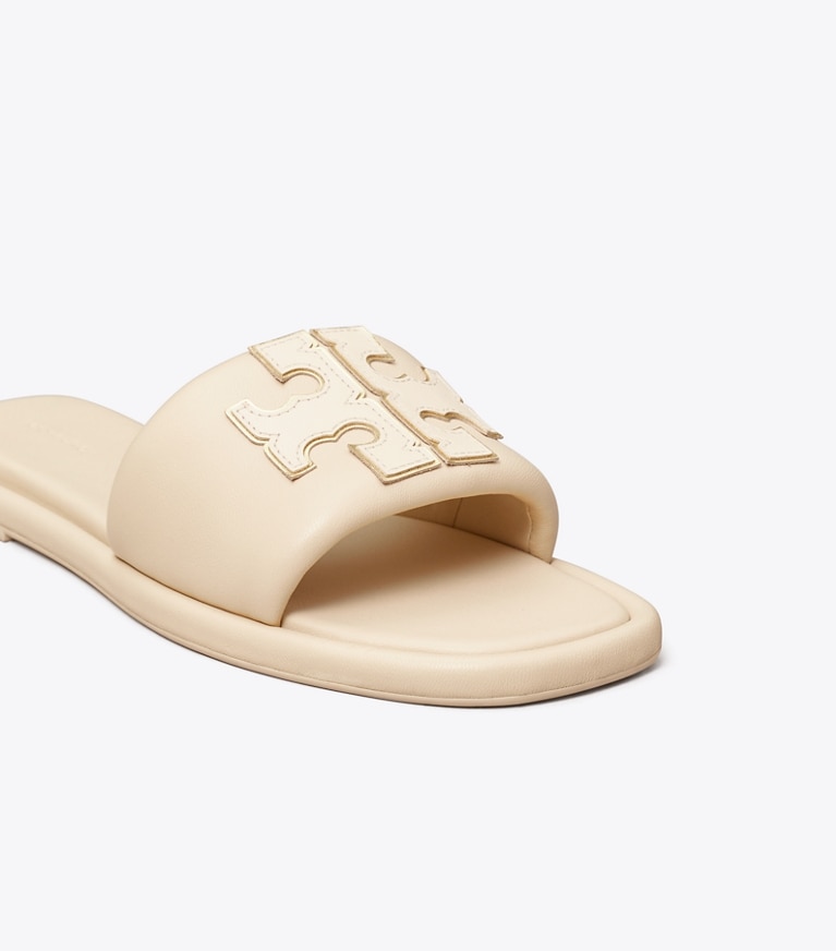 Tory Burch designer sandals Double T Sport Slide, Wide in Dulce De Leche / GOLD angle