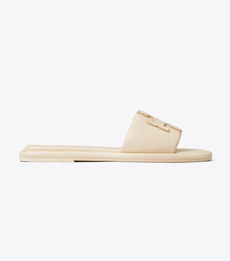 Tory Burch designer sandals Double T Sport Slide, Wide in Dulce De Leche / GOLD side