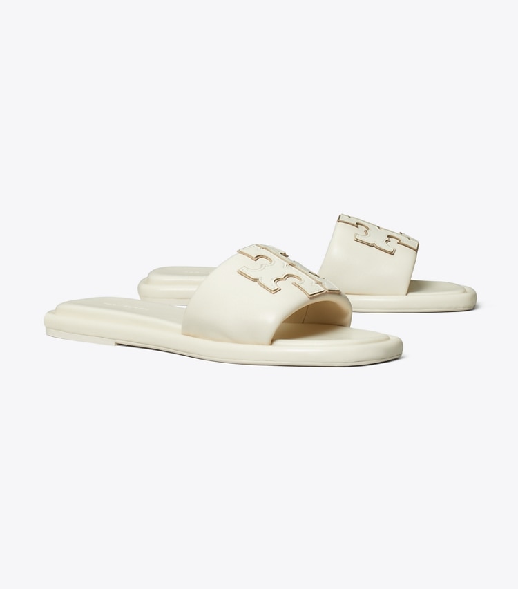 Tory Burch designer sandals Double T Sport Slide in LIGHT CREAM / GOLD angle
