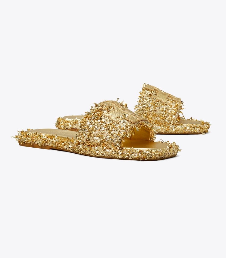 Tory Burch designer sandals Double T Sport Slide in GOLD / GOLD angle