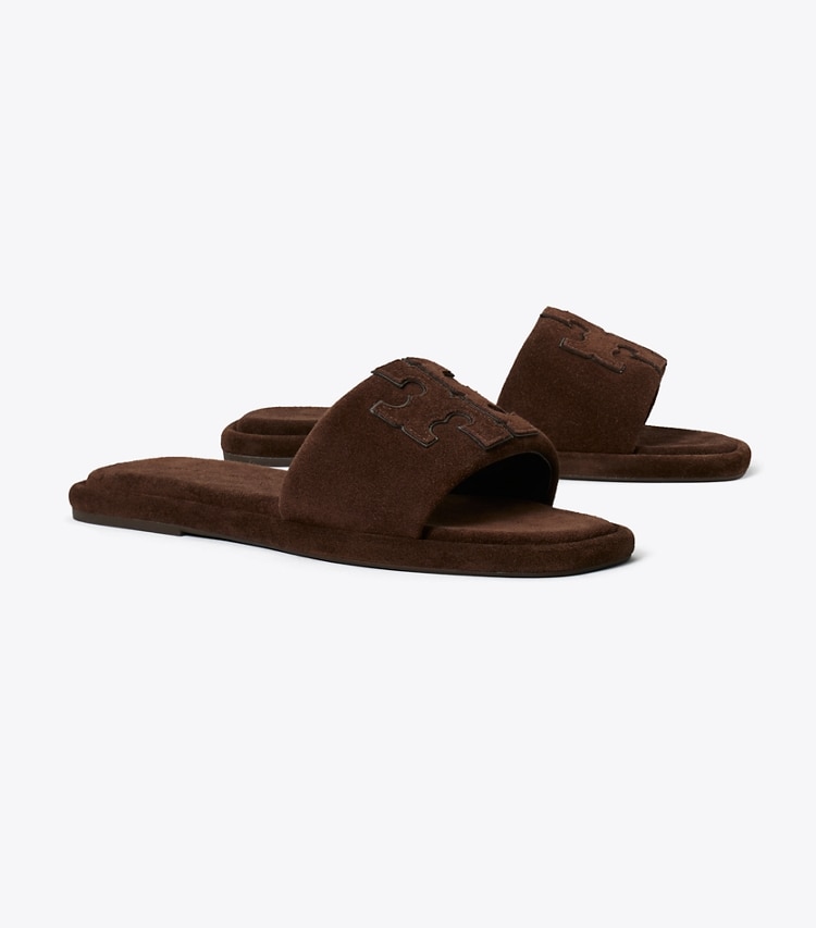 Tory Burch designer sandals Double T Sport Slide in DARK COCOA angle