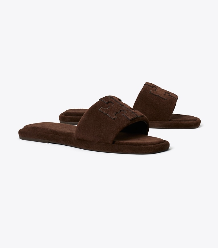 トリーバーチ　サンダル Double T Sport Slide in dark brown suede | Tory Burch