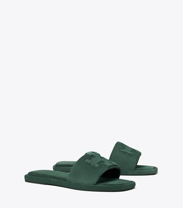 Tory Burch designer sandals Double T Sport Slide in WARM TEAL / WARM TEAL angle