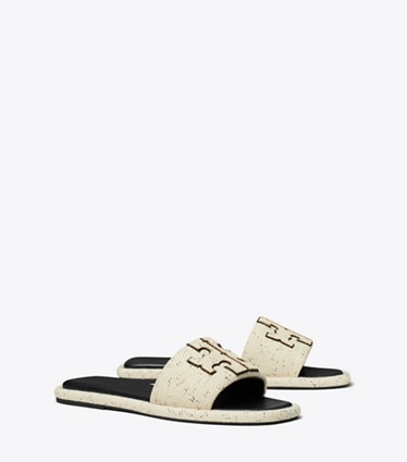 Tory Burch designer sandals Double T Sport Slide in GRAIN / PERFECT BLACK angle