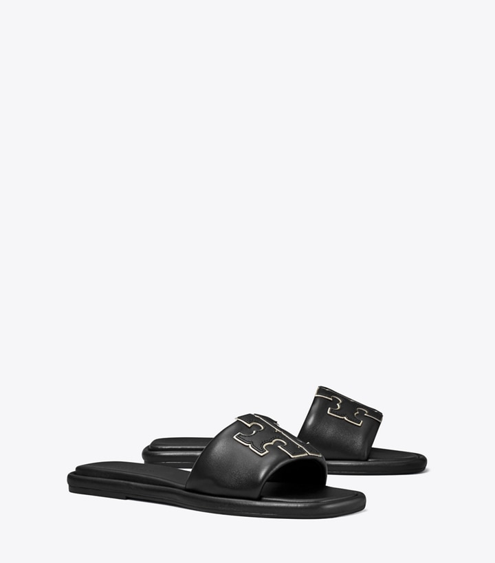 Tory Burch designer sandals Double T Sport Slide in PERFECT BLACK / GOLD angle