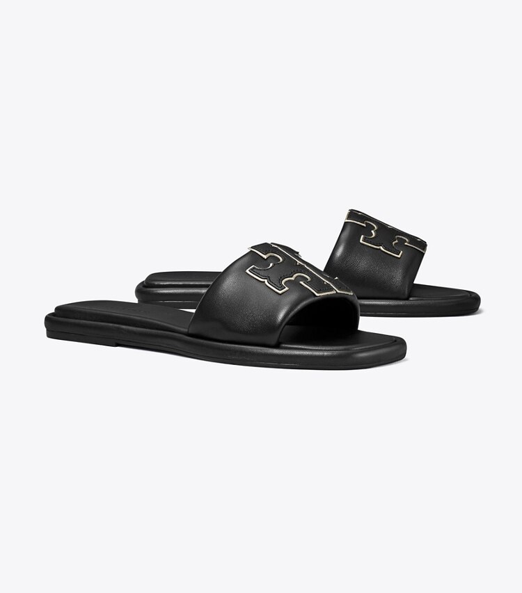 Tory Burch designer sandals Double T Sport Slide in PERFECT BLACK / GOLD angle